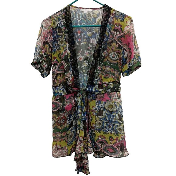Cabi BOHO Y2K Kimono Womens Small Floral Chiffon Sheer Short Sleeve Tie Top #543 - Picture 1 of 8